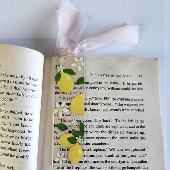 Lemon Fruit Print Bookmark Pink Yellow Cutesy Coquette Bookish Gift For Her - Picture 2 of 9